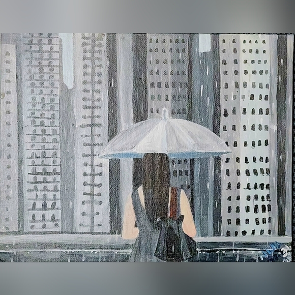 Original Unframed Acrylic Painting Of Women In Rain On 8x10 Canvas Board - Picture 4 of 8